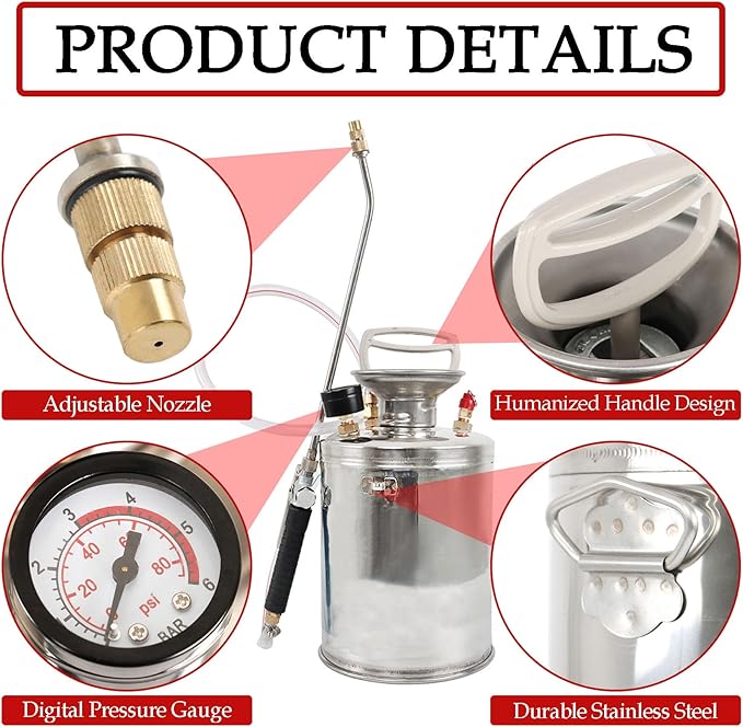 Hand Pump Sprayer Stainless Steel Sprayer for Indoor and Outdoor 1.5 Gallon Sprayer 16 in Wand 3.3 FT Hose