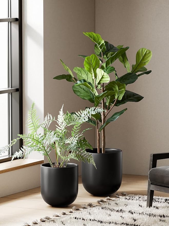 LE TAUCI 12 Inch Pots for Plants, Ceramic Large Planters for Home Garden Patio Office, Indoor Modern Plant Pots with Drainage Hole and Rubber Plug, Black