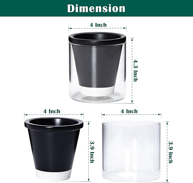 D'vine Dev 4 Inch Design Self Watering Planter for Indoor Plants, Black Terracotta Pot with Cylinder Glass Cup, 37-X-A-3