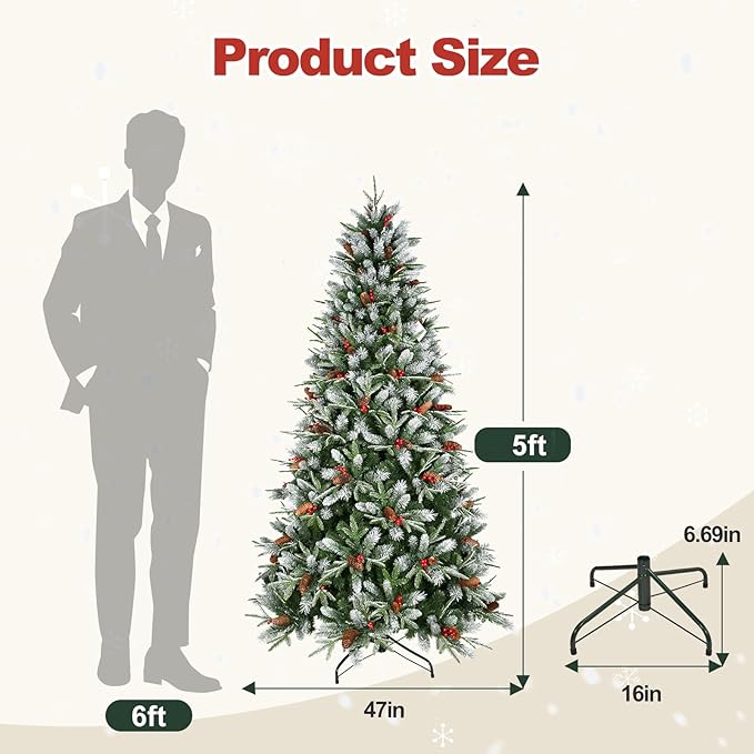 5 Ft Artificial Christmas Tree Pre-Decorated with Snow Flocked PVC&PE Tips, Pine Cones, Red Berries, Unlit Xmas Tree with Metal Stand for Hoilday Office Outdoor Christmas Decoration(Green White)
