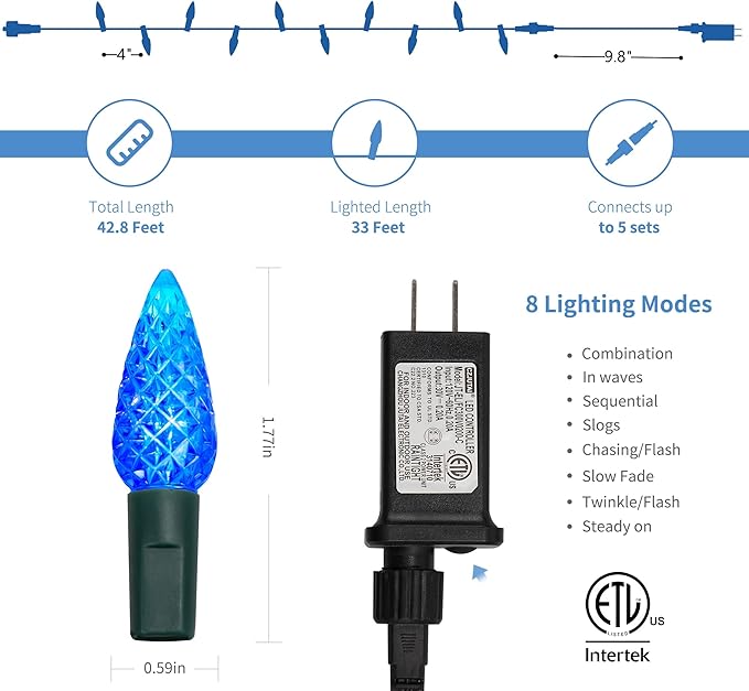 WATERGLIDE C6 Christmas Lights, 33ft 100 LED Faceted String Lights Green Wire Fairy Lights with 29V Safe Adaptor, 8 Lighting Mode, Waterproof for Indoor Outdoor Patio Xmas Tree Party Decor, Blue