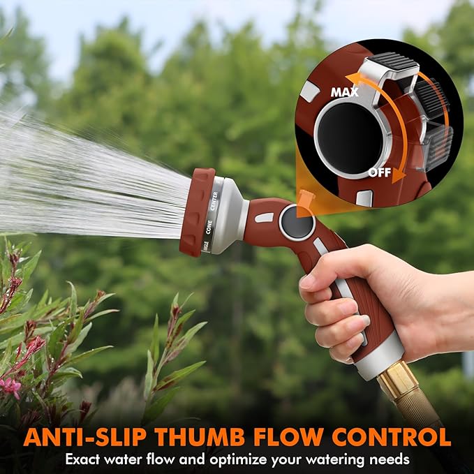 RESTMO Hose Nozzle Heavy Duty, Metal Water Hose Sprayer for Garden, 9 Spray Patterns | High Pressure | Thumb Flow Control | On/Off Valve, Ideal for Lawn & Plant Watering, Car & Pet Washing, Red