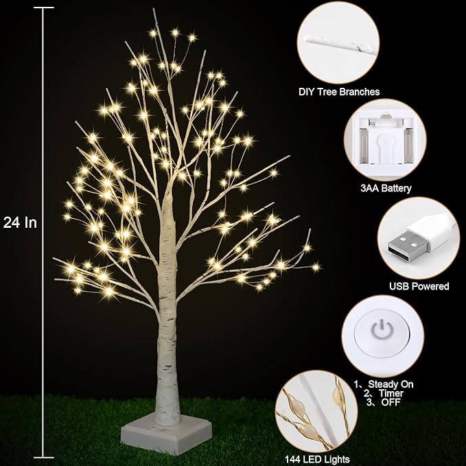 144 LED Artificial Lamp with Timer, DIY Birch Tree With Lights, USB/Battery Powered, Fairy Light Spirit Tree for Table Home Wedding Bedroom Christmas (Warm White)