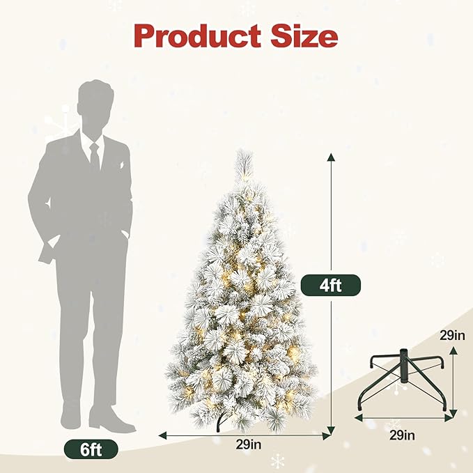 4 Ft Pre-Lit Snow Flocked Artificial Christmas Tree with 150 Warm LED Lights, Premium Holiday Xmas Tree with 350 Realistic Branch Tips, Metal Stand for Indoor Home/Office Decor (Easy Assembly)