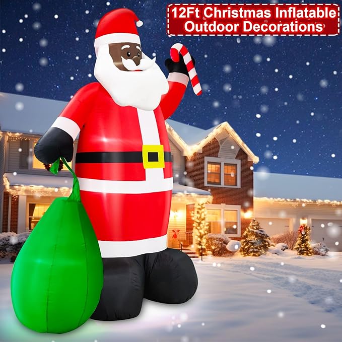 12 Ft by 7.5 Ft Giant Black Santa Christmas Inflatable Outdoor Decoration, Santa Claus Blow Up Inflatable with Candy Cane Gift Bag, Black Christmas Yard Decor Built-in LED Light for Xmas Lawn Garden