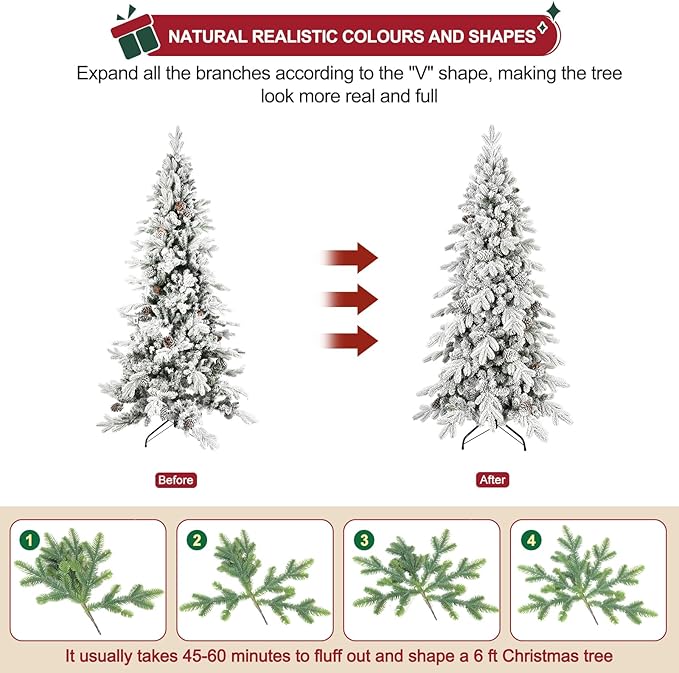 6 FT Pre-Lit Snow Flocked Slim Fir Christmas Tree with 935 PE & PVC Mixed Branch Tips,Artificial Skinny Pencil Xmas Tree with 600 Warm-White Lights & 31 Pine Cones,Hinged Pine Tree with Metal Stand