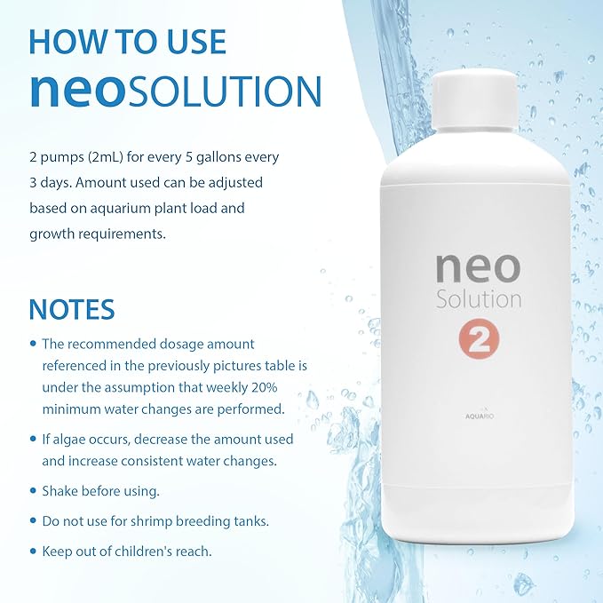 Neo Solution 2 Aquarium Plant Fertilizer - Micronutrient Liquid Fertilizer with Iron, Boron, Molybdenum, Calcium for Balanced Growth & Enhanced Red Colors in Aquatic Plants - 1000ml