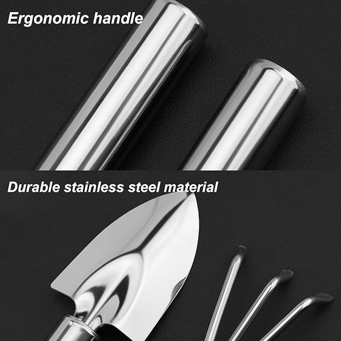 3 Pcs Stainless Steel Mini Garden Tools Set Small Tiny Shovel Trowel Root Extractor Hand Rake Indoor Outdoor Gardening Tools for Pot Plants Succulent Bonsai