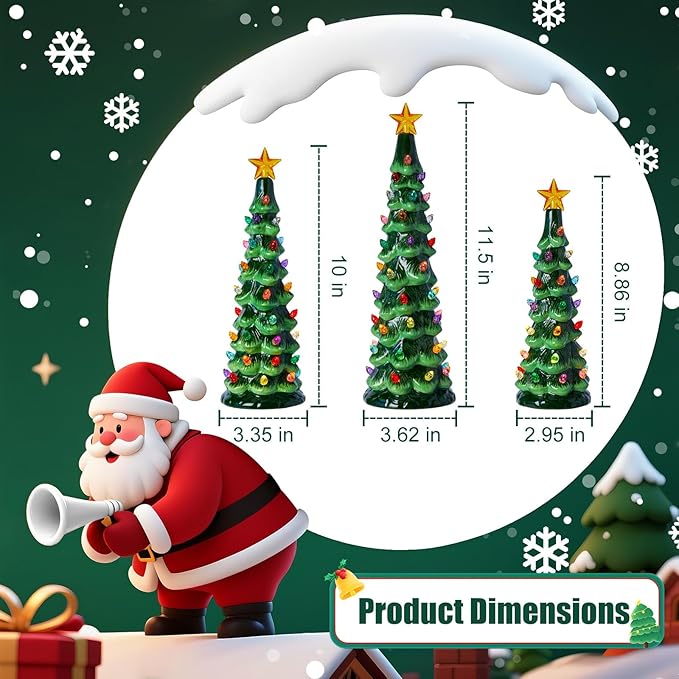 Brightown Lighted Ceramic Christmas Tree Set of 3, Pre-Lit Hand-Painted Tabletop Christmas Tree with Multicolored LED Lights, Battery Operated Vintage Ceramic Tree for Home Table Holiday Decor, Green