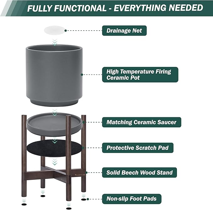 D'vine Dev Ceramic Planter with Walnut Color Stand - 12 Inch Modern Round Flower Pot with Wood Planter Holder, Grey, 55-B-W-3