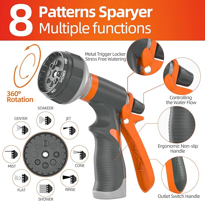 Garden Water Hose 75 ft x 5/8 in Heavy Duty, Flexible and Lightweight, Burst 600 psi, Kink-less Hybrid Rubber Pipe for Backyard, 3/4'' Brass Fittings, Orange