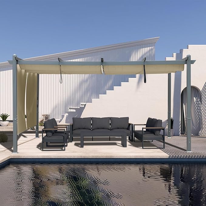 BPS 12x16 FT Outdoor Pergola - Retractable Shade Canopy with Aluminum Frame & Roller Shade Curtains for Patio, Backyard, or Deck, Khaki