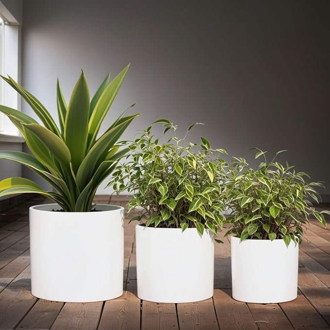 Fox & Fern Matte White Plant Pots with Drainage Plug (Set of 3) — Premium Lightweight Fiberstone 8, 10, and 12 Inch Planters for Indoor and Outdoor Use; Weather Resistant & UV Resistant