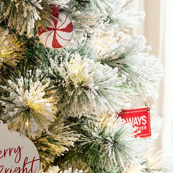 Glitzhome 7.5ft Pre-Lit Flocked Pencil Pine Artificial Christmas Tree with 350 Warm White Lights and Foldable Metal Stand for Home, Office, Party Decoration, Easy Assembly