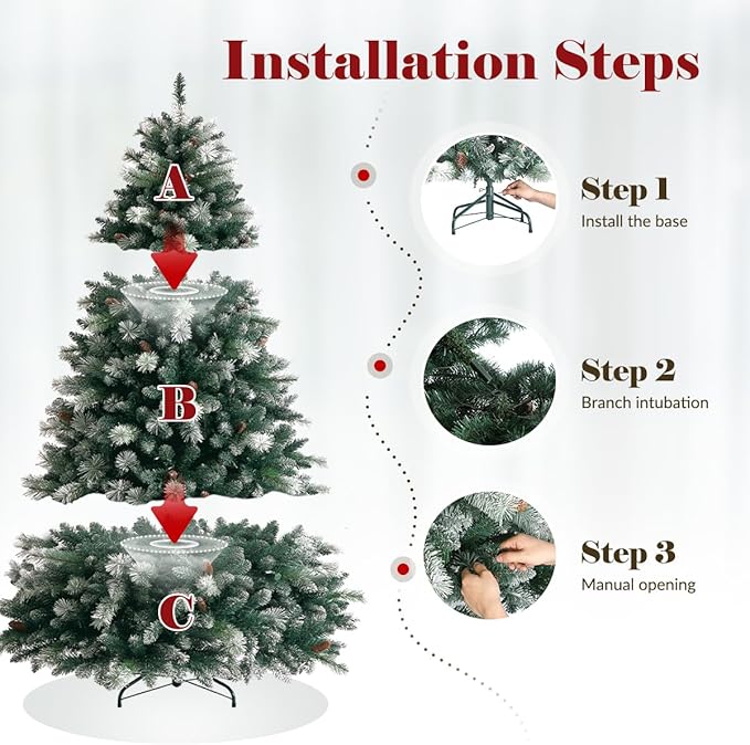 7FT Snowy Aspen Spruce Christmas Tree, Artificial Pre-lit Christmas Tree with Warm White Lights, Snow Flocked Tree with Pine Cone for Home, Office, Party Decor