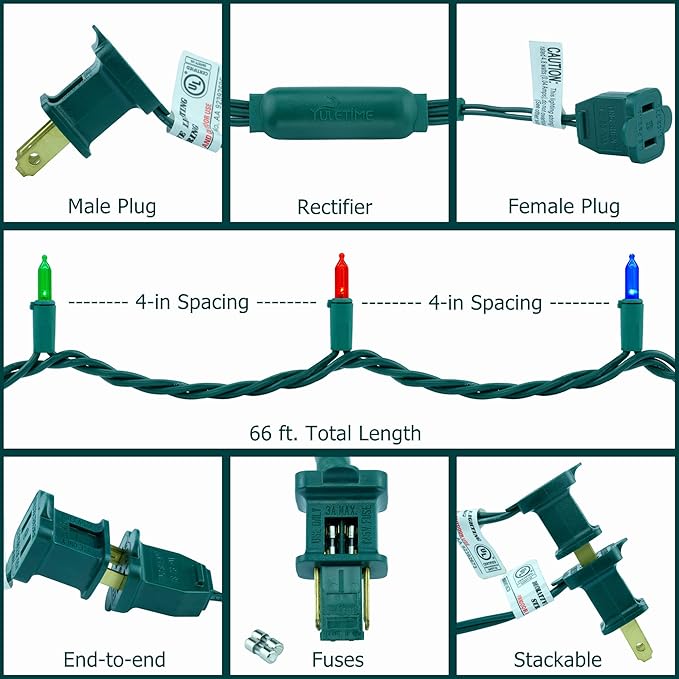 YULETIME 200 Count Multicolor LED Christmas Lights, 66 Feet Green Wire UL Certified Commercial Grade Holiday String Light Set (Multicolor)