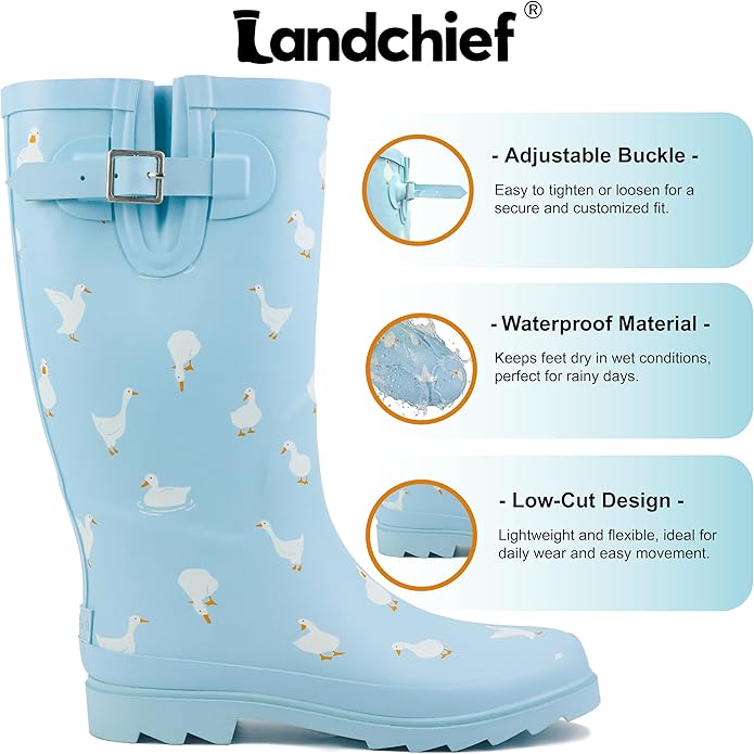 landchief Rain Boots for Women, Waterproof Ladies Tall Knee High Rubber boots,Comfort Garden Boots Anti-Slip Mid Heel Women Rain Shoes Outdoor