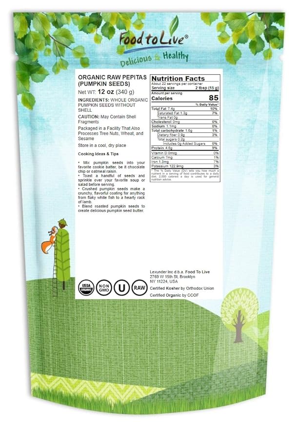 Food to Live Organic Raw Pepitas, 12 Ounces — Non-GMO, Pumpkin Seed Kernels, Unsalted, No Oil, No Shell, Vegan, Kosher, Bulk. Keto Snack.