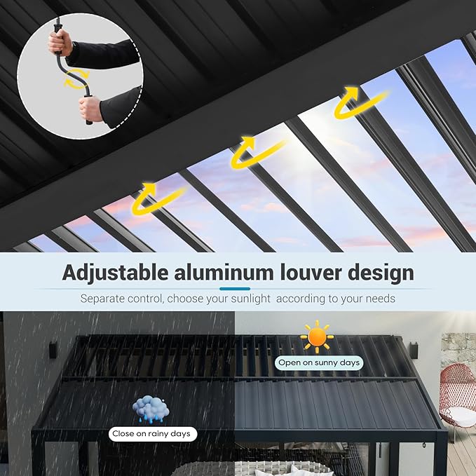 LVUYOYO Outdoor Louvered Pergola 10' x 10', Aluminum Pergola with Adjustable Roof, Waterproof Metal Gazebo for Patio, Backyard, Garden, Deck (Black)