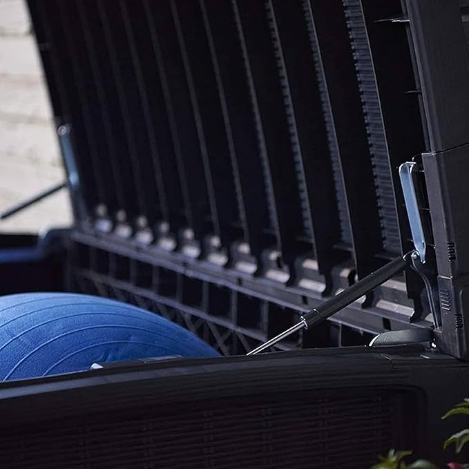 Keter Borneo 110 Gallon Storage Box, All-Weather Wicker Rattan-Style Resin Deck Box and Stylish Outdoor Bench with Piston-Assisted Lockable Lid, Grey