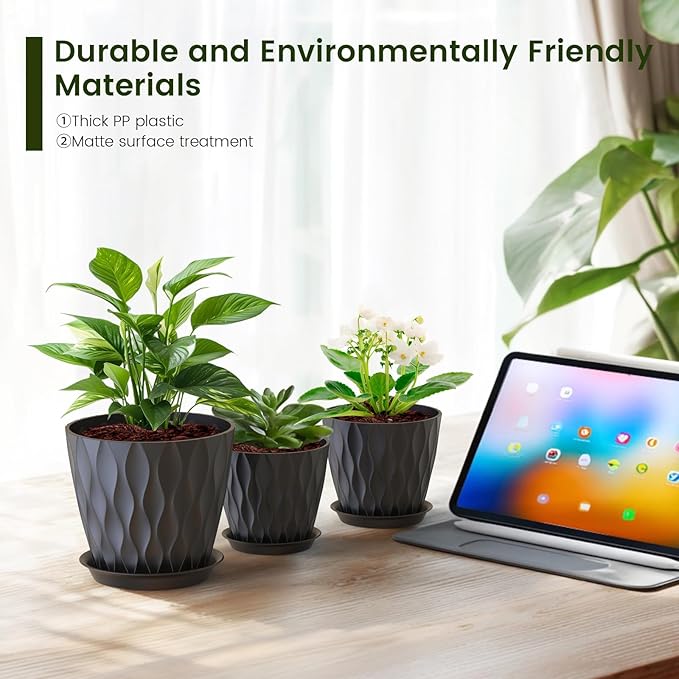 7/6.5/6/5.5/5/4.5/4 inch Plant Pots for Indoor Outdoor Plants, 7 Pack Thick Flower Pots with Drainage Holes and Saucers, Modern Wave Texture Plastic Planter Pots for Nursery, Succulent, Black