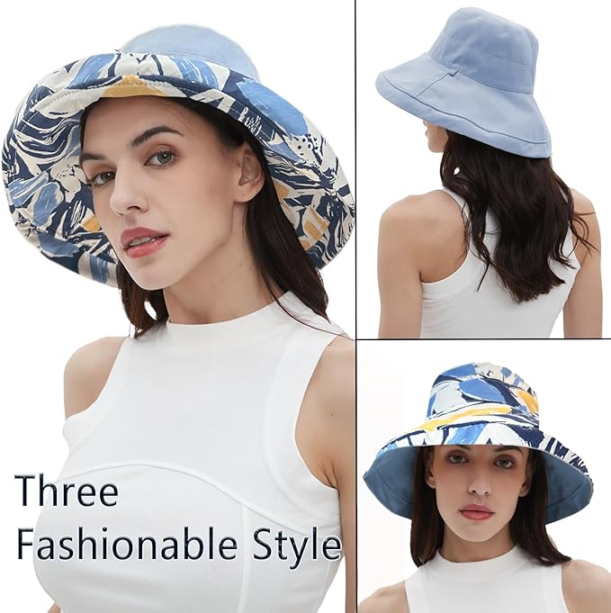 vidsel Womens Sun Hats Wide Brim Reversible Bucket Cotton Hat Packable Summer Travel Cap with Hat Clip,UV Protection