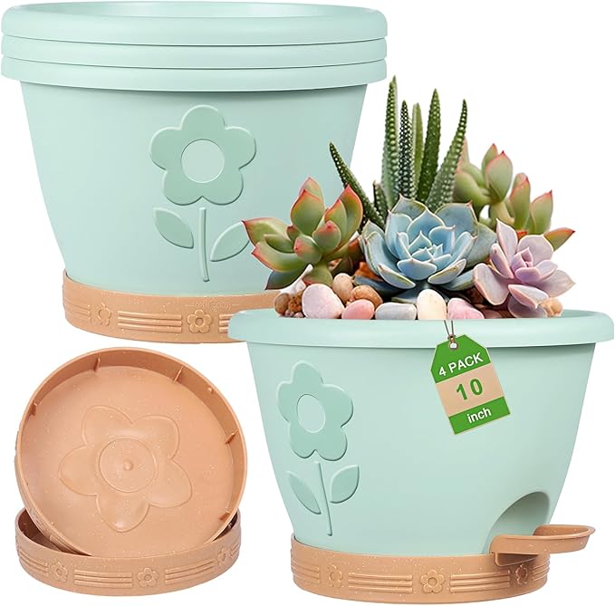 Plastic Plant Pots 10 Inch Set of 4, Self Watering Pots with Drainage Holes, Saucer & Reservoir, Flower Pots for Indoor/Outdoor Plants, Decorative Nursery Planting Pots (Green)