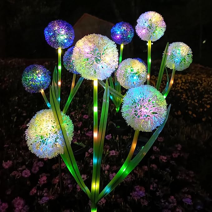 Garden Solar Lights Flowers, Automatic Lighting At Night, Waterproof Garden Decor for Yard Patio Pathway Lawn, Gardening Gifts for Women, Christmas Decoration, 3 flowers (Dandelion - Purple glow, 1)