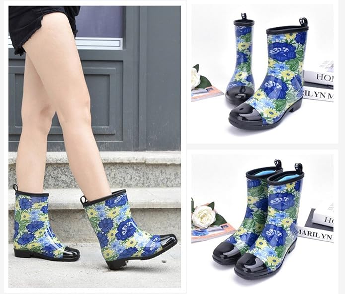 Women Half Calf Rubber Rainboots Leopard gerbera Red Floral Printed Waterproof Rubber Garden rain footwear