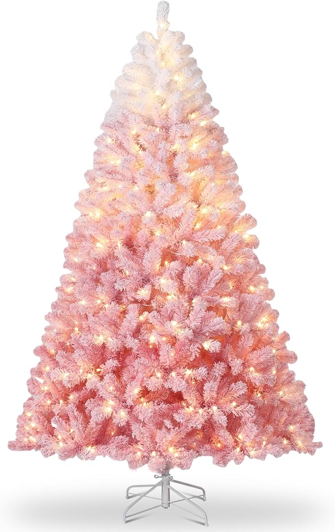 GarveeHome 4.5ft Prelit Artificial Christmas Tree with 100 RGB & Warm White Lights, Pre-Lit Snow Flocked Christmas Tree, Foldable Base,Holiday Decoration for Home, Office, Party,Pink Gradient