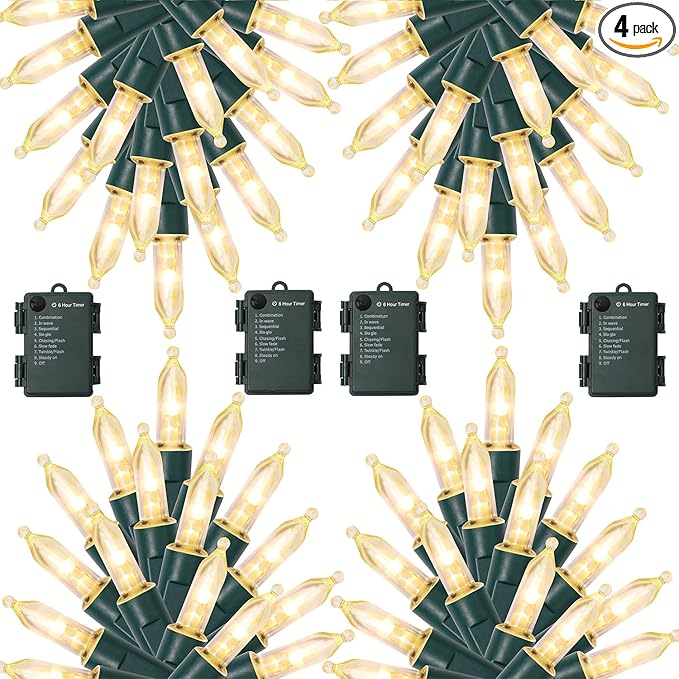 WATERGLIDE 4 Pack 50LED Outdoor Christmas Lights, 16FT Battery Operated Mini String Lights with 8 Modes & Timer, Xmas Tree Lights Waterproof for Patio Garden Party Wedding Holiday Decor, Warm White