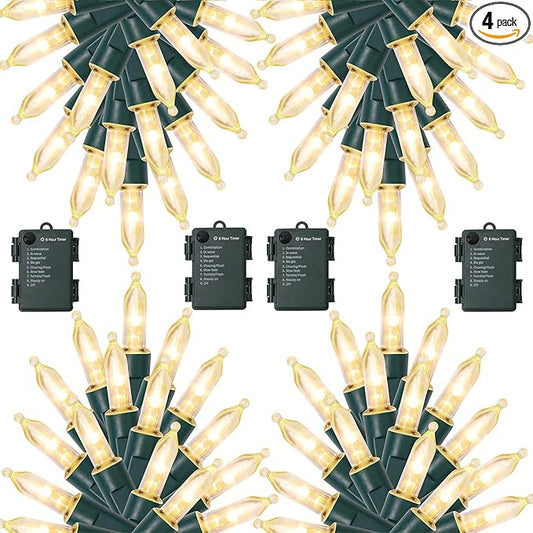 WATERGLIDE 4 Pack 50LED Outdoor Christmas Lights, 16FT Battery Operated Mini String Lights with 8 Modes & Timer, Xmas Tree Lights Waterproof for Patio Garden Party Wedding Holiday Decor, Warm White