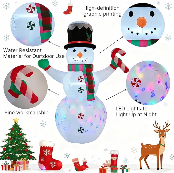 8 FT Christmas Inflatables Giant Snowman Outdoor Decorations,Giant Blow up Snowman with Black Hat,Built-in Rotating Colorful Lights for Yard, Garden, Patio, Lawn Xmas Holiday Decor