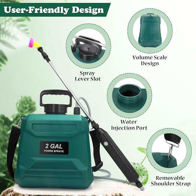 Battery Powered Sprayer 2 Gallon, Powerful Electric Garden Sprayer with 3 Mist Nozzles, USB Rechargeable Handle, Retractable Wand and Adjustable Shoulder Strap for Irrigation, Weeding (Green)