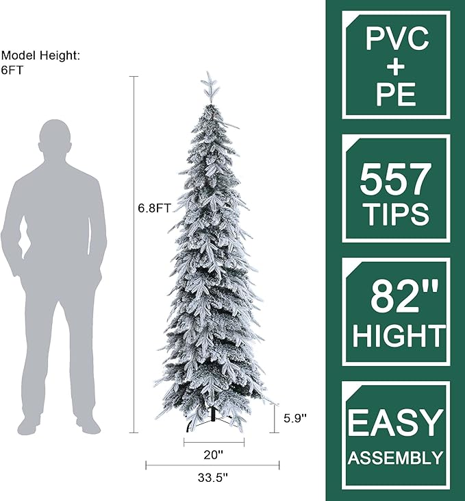 LuxenHome 7FT Flocked Christmas Tree, Unlit Downswept Slim Pencil Christmas Tree with 557 PE+PVC Brand Tips, Tall Artificial Christmas Trees with Stand for Indoor, Outdoor Holiday Decorations