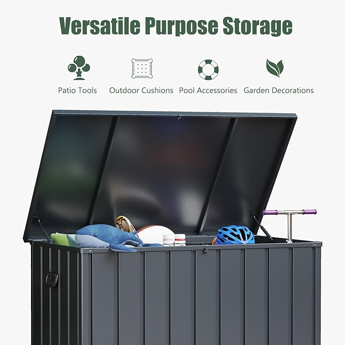 Domi Deck Box 160 Gallon, Waterproof Lockable Steel Outdoor Storage Container for Outside Cushions, Garden Tools and Pools Equipment, Gray