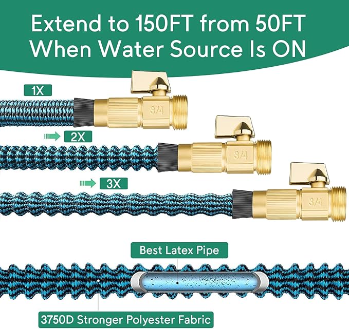 150 ft Expandable Garden Hose, 2025 New Ultra Lightweight & Flexible Water Hose 150ft, 10 Pattern Spray Nozzle, Leak-Proof Solid Brass Fittings, High-Density Outer Fabric, Durable Latex Core, No Kink