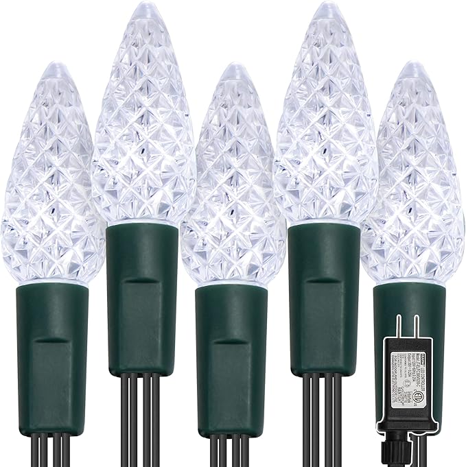 WATERGLIDE C6 Christmas Lights, 33ft 100 LED Faceted String Lights Green Wire Fairy Lights with 29V Safe Adaptor, 8 Lighting Mode, Waterproof for Indoor Outdoor Patio Xmas Tree Party Decor, Cool White