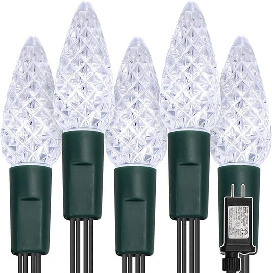 WATERGLIDE C6 Christmas Lights, 33ft 100 LED Faceted String Lights Green Wire Fairy Lights with 29V Safe Adaptor, 8 Lighting Mode, Waterproof for Indoor Outdoor Patio Xmas Tree Party Decor, Cool White