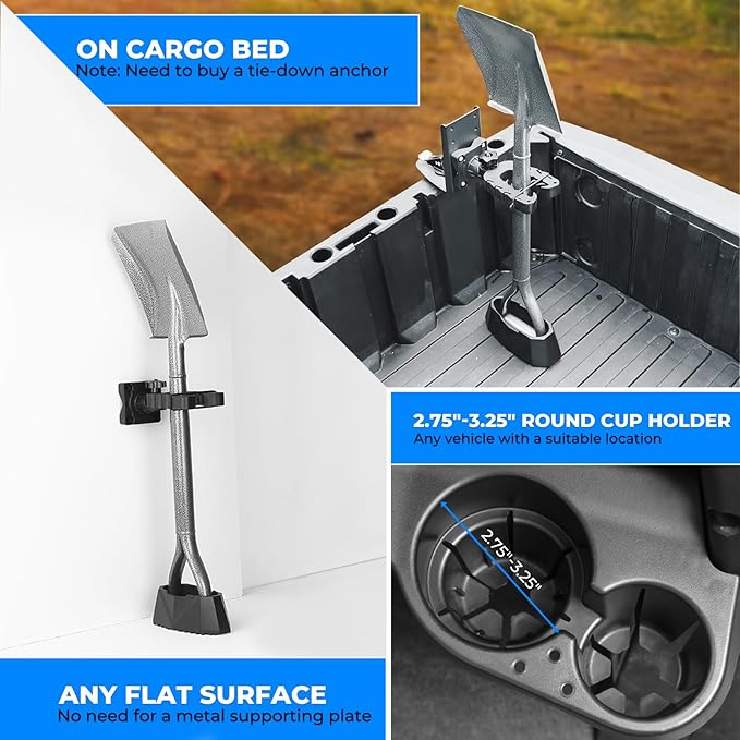 KEMIMOTO UTV Hunting Tool Holder Rack, Tool Holder Compatible with Polaris Ranger and General, Mount on The Dash Cup Holder or Cargo Bed, Shovel Mount Bow Rack