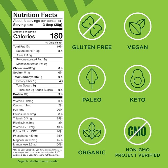 Manitoba Harvest Organic Hemp Seeds, 7oz, 10g Plant Based Protein and 12g Omega 3 & 6 per Srv, smoothies, yogurt & salad, Non-GMO, Vegan, Keto, Paleo, Gluten Free