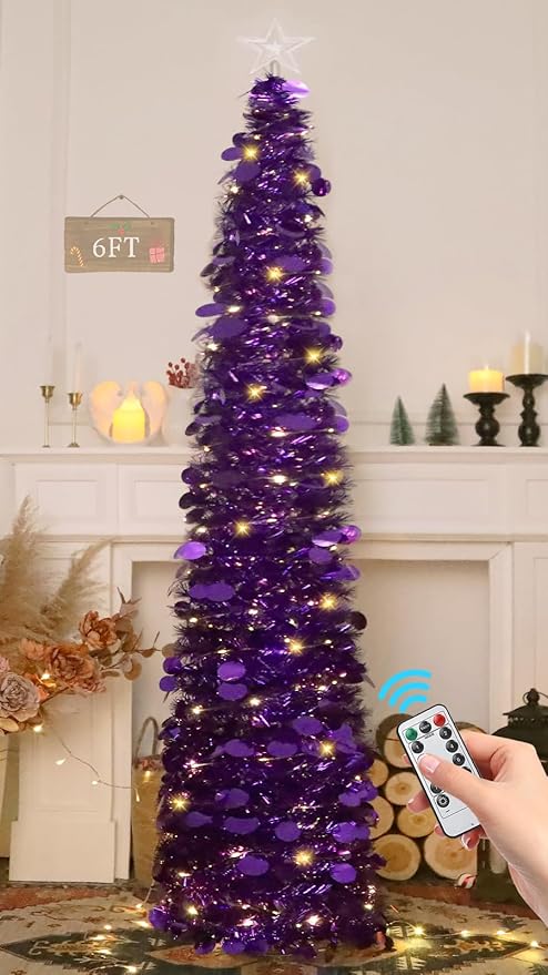HMASYO 6 FT Pop Up Christmas Tree with 100 LED Lights & Remote, Purple Christmas Tinsel Tree, Collapsible Artificial Pencil Tree for Home Office Party Decor, USB Powered Timer Lights, Easy Assembly