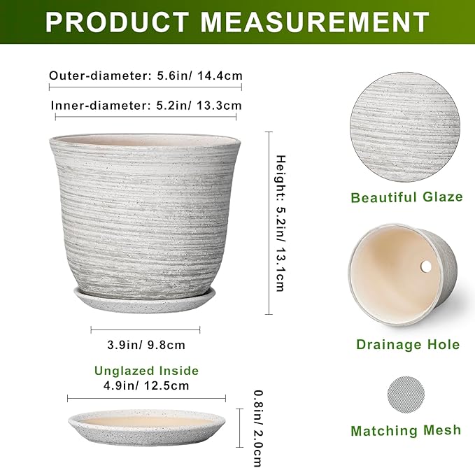 Ceramic Pots for Plants - 5.6 Inch Plant Pot with Drainage Hole and Tray, Round Succulents Pots for Indoor Outdoor, Decorative Planters, Home Room Office Decor, Gifts for Plant Lovers, Grey