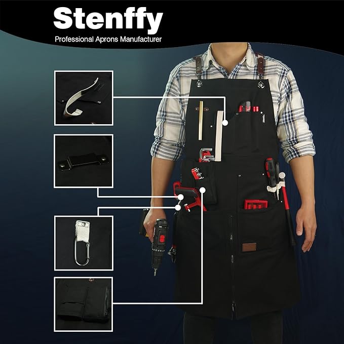 Woodworking Apron, Tool Apron, Canvas, Multiple Pockets, Adjustable Zipper, Metal Ring, Tape Measure Clip, Plus Size, Black.