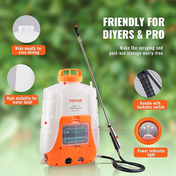 VEVOR Battery Powered Backpack Sprayer, 0-90 PSI Adjustable Pressure, 4 Gallon Tank, Back Pack Sprayer with 8 Nozzles and 2 Wands, 12V 8Ah Battery, Wide Mouth Lid for Weeding, Spraying, Cleaning