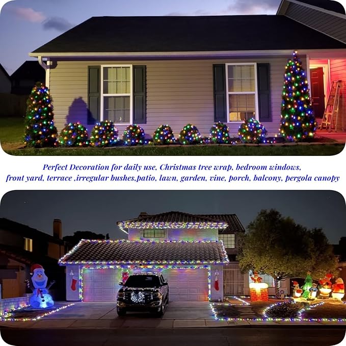 JMEXSUSS 168FT 600 LED Christmas Decor Lights - 8 Modes Multicolor Outdoor/Indoor Waterproof Plug-in Party Holiday Decorations