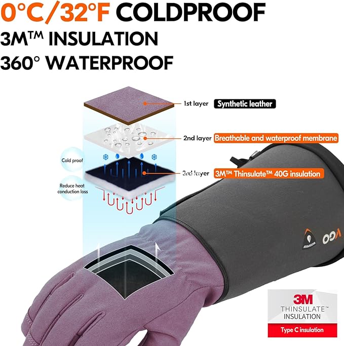 Vgo... Winter Warm Safety Work Gloves Women, Extended Pig Split Leather Cuff,Synthetic Leather, Rose Pruning Thorn Proof,Gardening(Size L,Purple,SL6592FLWP)