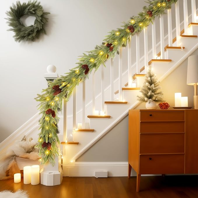 WBHome 6ft Pre-lit Norway Spruce Christmas Garland, Winter Greenery Garland for Christmas with 100 LED Lights, Holiday Seasonal Outdoor/Indoor Home Decor, 6FT Long