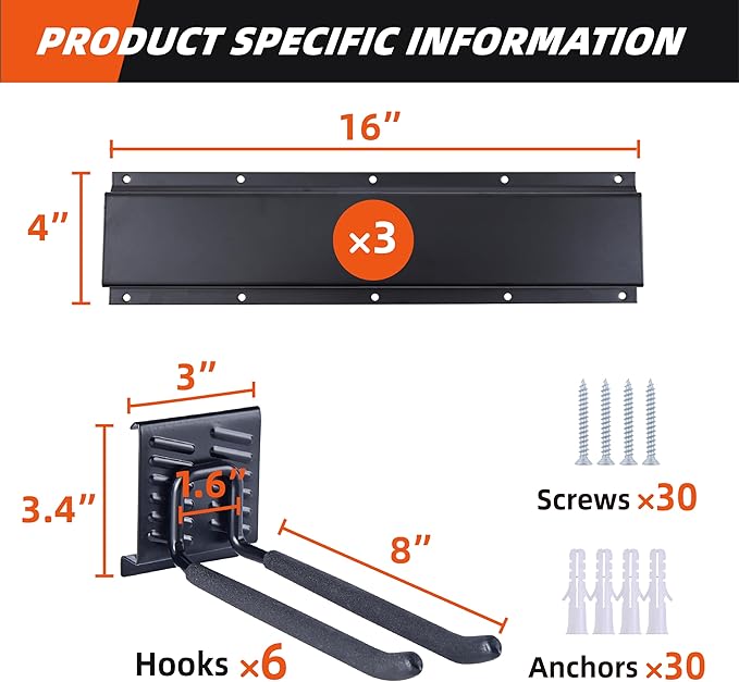 Garage Tool Organizer Wall Mount 48", Garage Wall Organizer 400 lbs, Heavy Duty Garages Organizers and Storage with Adjustable Hooks, Garden Tool Storage Rack for Shovels, Hoses, Ladders