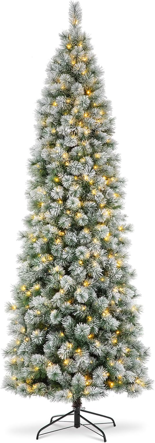 Glitzhome 9ft Pre-Lit Flocked Pencil Pine Artificial Christmas Tree with 500 Warm White Lights and Foldable Metal Stand for Home, Office, Party Decoration, Easy Assembly